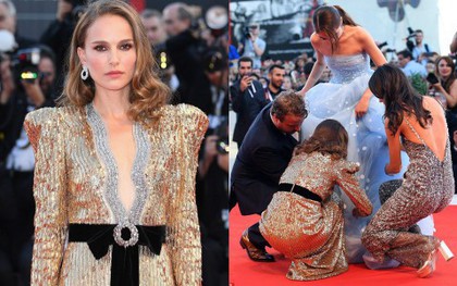 Trong khi nhiều sao nữ tị nạnh nhau, riêng Natalie Portman lại cúi mình chỉnh váy cho đàn em tại LHP Venice