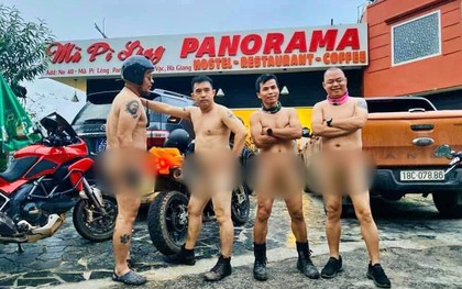 Xôn xao hình ảnh 4 người đàn ông khỏa thân đi xe máy lên đèo Mã Pì Lèng, chụp ảnh check in phản cảm trước cửa KS Panorama