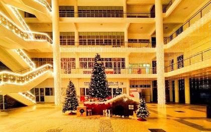 Trường nhà người ta trang trí Giáng sinh: Rực sáng cả một vùng trời, lại còn có tuyết phủ kín trong sảnh toà nhà