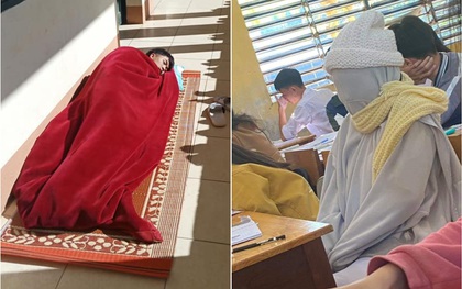 Học sinh đi học mùa rét: Tranh thủ nắng ấm mang chăn ra hành lang ngủ, bịt kín từ đầu đến chân như ninja