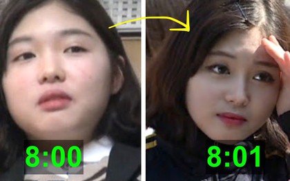 Chẳng cần đến cả tiếng đồng hồ, cô bạn này chỉ mất đúng 1 phút để makeup "sương sương" đi học