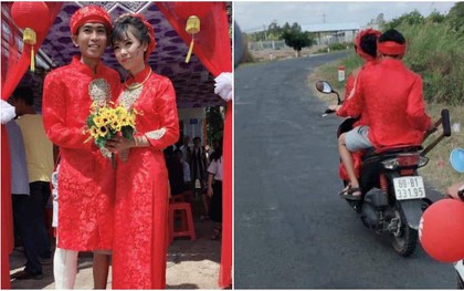 Hình ảnh chú rể bó bột chân, được cô dâu "rước" bằng xe máy khiến nhiều người vừa thương lại không nhịn được cười