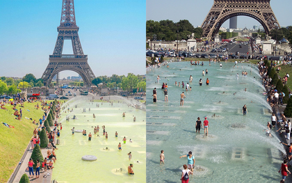 Trời quá nóng, chân tháp Eiffel biến thành… bể bơi khổng lồ, người dân và du khách kéo đến đông nghịt