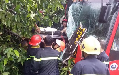 Bình Dương: Xe khách đâm vào gốc cây sau va chạm với xe máy, gần 40 hành khách la hét kêu cứu vì bị mắc kẹt