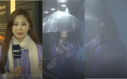 Khán giả Hàn Quốc xót xa khi thấy nữ MC lấy thân mình thử sức gió bão Ling Ling, suýt nữa còn bị gió cuốn bay