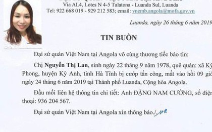 Một nữ lao động Việt bị cướp sát hại khi đang cầm túi tiền tại Angola