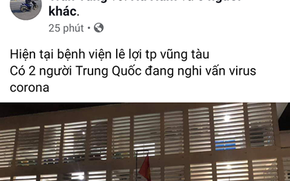 Công an mời lên làm việc người tung tin 2 người Trung Quốc nhập viện TP Vũng Tàu nghi do mắc virus corona