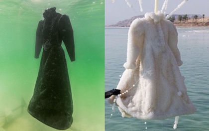 Bị ngâm trong Biển Chết suốt 3 tháng, chiếc đầm đen hóa trắng muốt, lấp lánh như pha lê