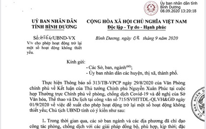 Bình Dương: Cho các dịch vụ không thiết yếu hoạt động trở lại