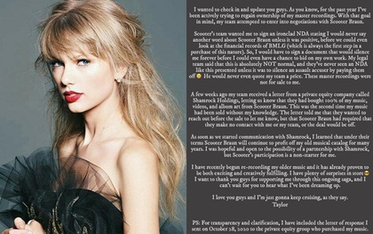 Taylor Swift lên tiếng việc Scooter Braun bí mật bán bản master của mình cho bên thứ ba nhưng vẫn "ăn" toàn bộ lợi nhuận