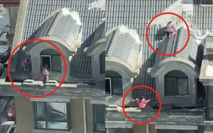 Hai bé gái sinh đôi thản nhiên chơi "cầu tuột" trên mái nhà, cảnh tượng "đối mặt với tử thần" khiến người dân thót tim