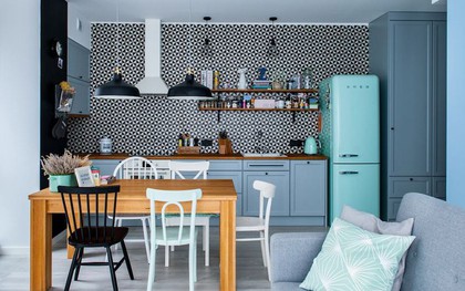 Căn hộ 55m² dùng màu xanh pastel làm điểm nhấn
