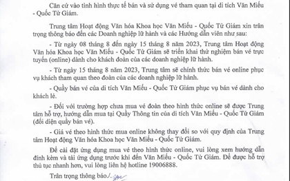 Văn Miếu - Quốc Tử Giám triển khai bán vé trực tuyến cho khách đoàn từ ngày 8/8/2023