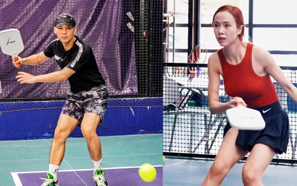 Biểu cảm "khó đỡ" của Cường Seven khi cùng chị đẹp Ngọc Anh chơi pickleball