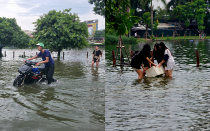 Cảnh lạ ở "Vịnh Văn Quán" sau ngày mưa xối xả: Phố xá mênh mông nước, trẻ em rủ nhau vầy nước, bắt cá
