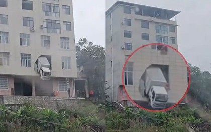 Xe tải đâm xuyên tường tầng 2 tòa nhà, hình ảnh đầu xe mắc kẹt giữa không trung gây sốc