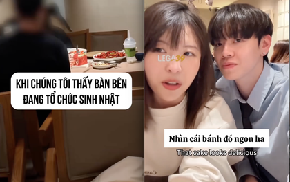 Đang ngồi cà phê, cô gái bỗng thèm bánh sinh nhật của bàn bên, chàng trai làm ngay một việc liền được mời tận 2 miếng to