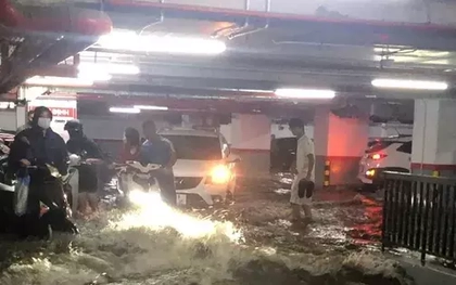 Mưa xối xả, nước cuốn như thác, hầm chung cư ở Hạ Long 'chết chìm'