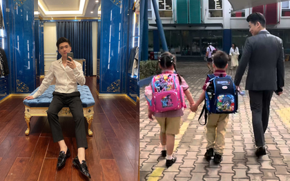 Xả vai thiếu gia nghìn tỷ nhà bầu Hiển, Đỗ Quang Vinh hoá bố đơn thân đưa hai con song sinh đi học gây sốt