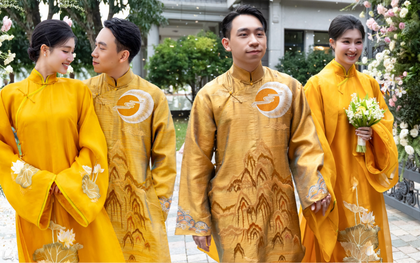 Cận cảnh cặp áo dài vàng toả ra 2 chữ "phúc khí" của vợ chồng Minh Hoàng - Phương Nhi