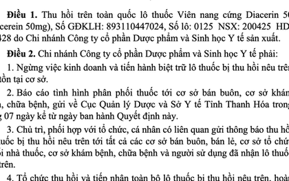 Thu hồi toàn quốc lô thuốc Diacerin 50 do vi phạm chất lượng