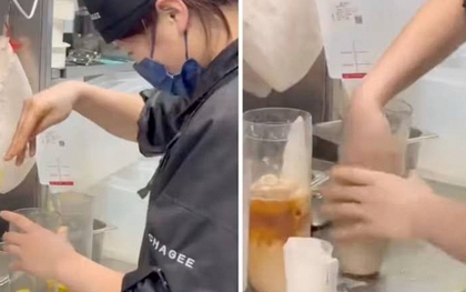 Sốc: Nhân viên Chagee dùng tay trần khuấy trà sữa, nhặt nguyên liệu rơi cho vào cốc