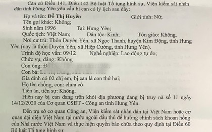 Truy tố, yêu cầu Đỗ Thị Huyền SN 1996 đến công an đầu thú