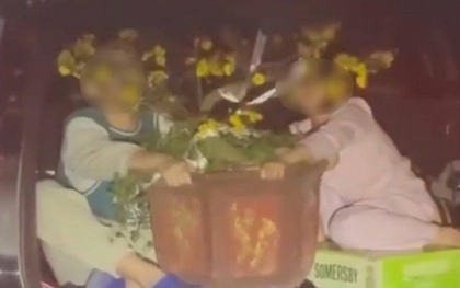 Thót tim clip 2 trẻ nhỏ ôm chậu mai ngồi trong cốp xe đang chạy ngoài đường, xem mà lạnh sống lưng