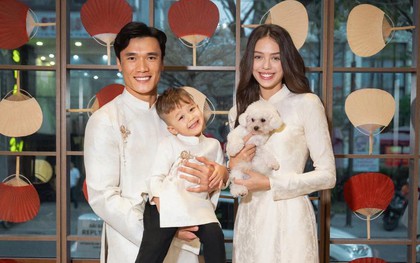 Gia đình Bùi Tiến Dũng và vợ mẫu tây diện áo dài đón Tết: Visual sáng bừng, cả nhà ai cũng cực phẩm