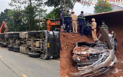 Hiện trường vụ xe đầu kéo đang đi thì đổ ra đường, đè 2 phụ nữ tử vong ở Phú Thọ