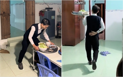 Mặc gile đen bưng mâm cơm "chuẩn 5 sao" giữa gian nhà quê, thanh niên khiến người xem đòi kiểm tra bảng điểm