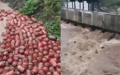 3000 bình gas bị nước lũ cuốn trôi xuống sông, người dân lao ra vớt