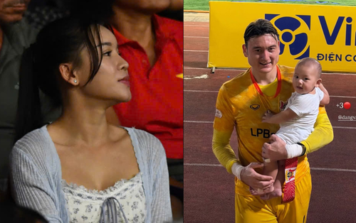 Yến Xuân xinh hết nấc cùng con trai cổ vũ Văn Lâm trong ngày Hà Nội FC thua sốc Ninh Bình