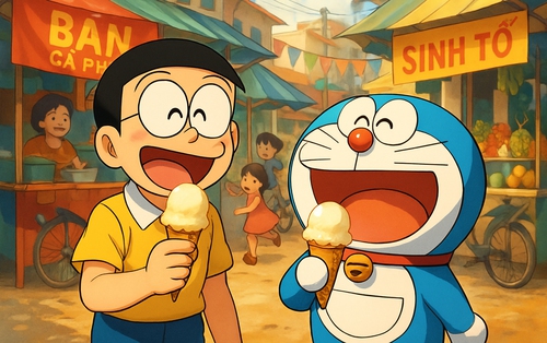 Bắt gặp nhóm bạn Doraemon nghỉ hè ở Việt Nam: Nobita ăn kem chợ cóc, Jaian đá cầu còn Dekisugi đẹp trai làm một việc không ai ngờ đến