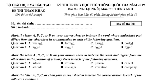 Đề minh họa 2019 thi THPT Quốc gia: Môn Tiếng Anh