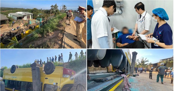 Xe khách chở 20 học sinh lật ngửa trên Quốc lộ 19B