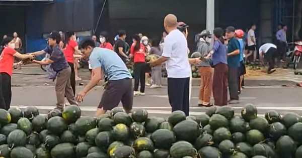 VIDEO: Người dân xếp hàng thu gom, “giải cứu” dưa hấu khi xe tải gặp nạn