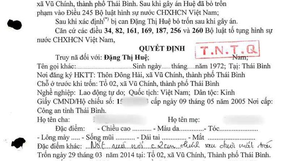 Truy nã đặc biệt, yêu cầu Đặng Thị Huệ SN 1972 sớm ra đầu thú