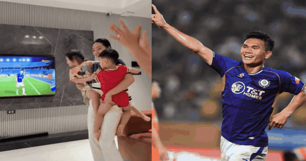 Vợ Xuân Mạnh bế hai con ăn mừng cuồng nhiệt khi chồng ghi bàn cho Hà Nội FC: Hậu phương mạnh cỡ này!