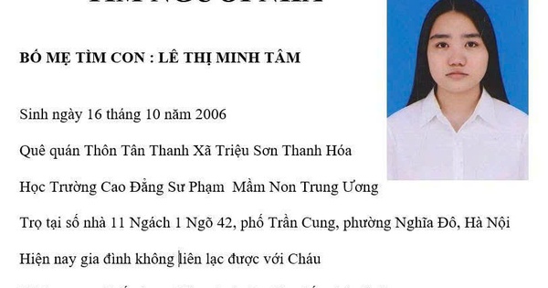 Công an phát thông báo tìm nữ sinh 2006 quê Thanh Hóa mất liên lạc khi đang đi học tại Hà Nội
