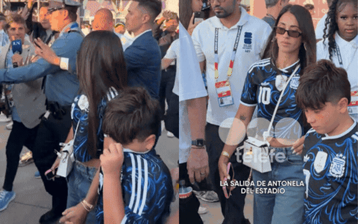 Vợ Messi lặng lẽ rời đi sau thất bại ở chung kết World Cup, cậu quý tử buồn bã kéo áo lau nước mắt gây sốt